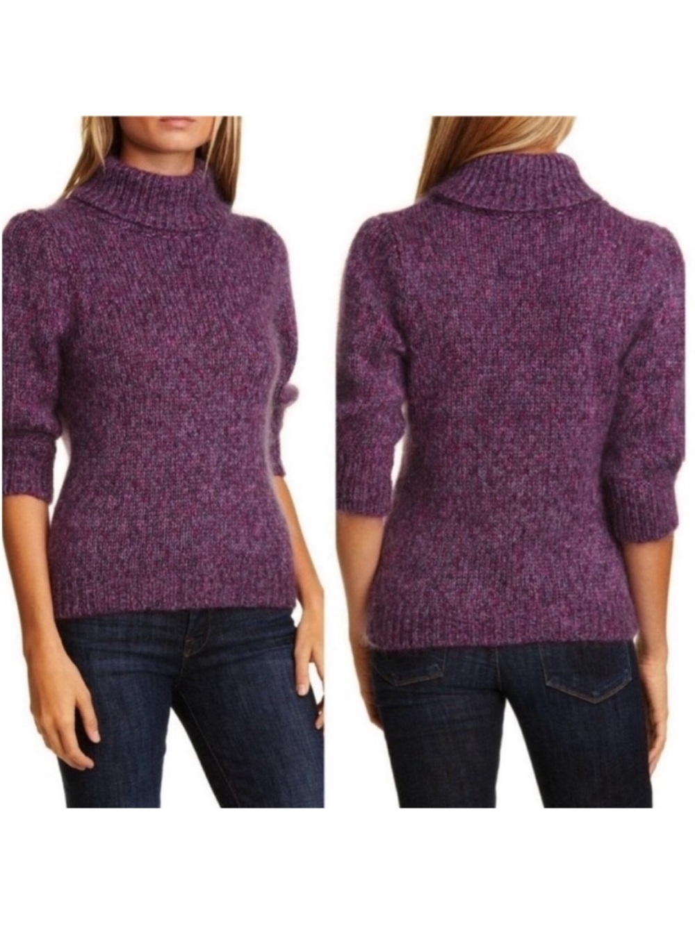 Lewit Heathered Purple Turtleneck Short-Sleeve Mohair & Silk Knit Sweater 1/L